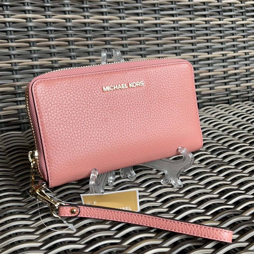 Michael Kors Large Flat MF Phone Case Leather Wallet in Sunset Rose - Picture 16 of 16